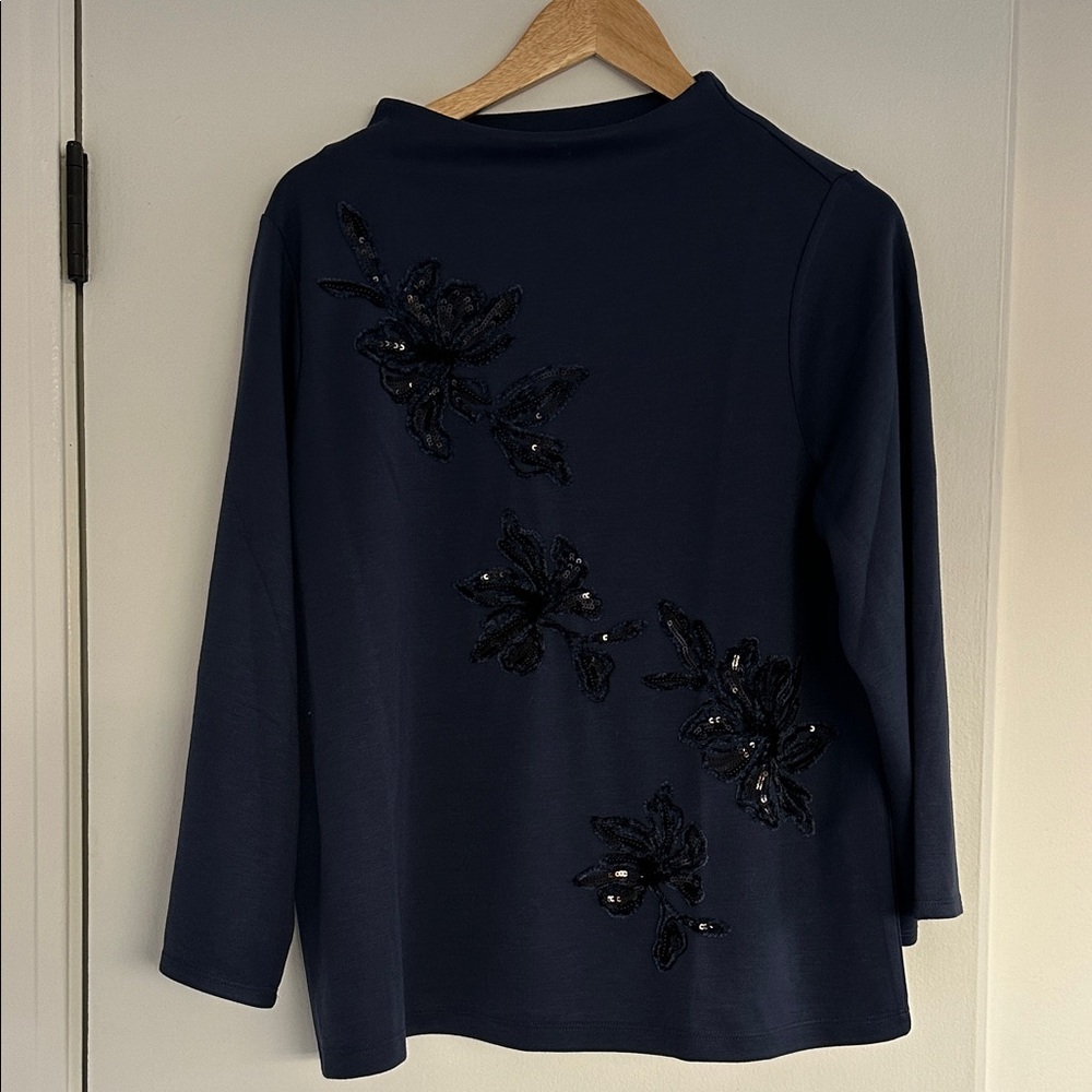 Navy Long Sleeve Top with Black Floral Embellishments